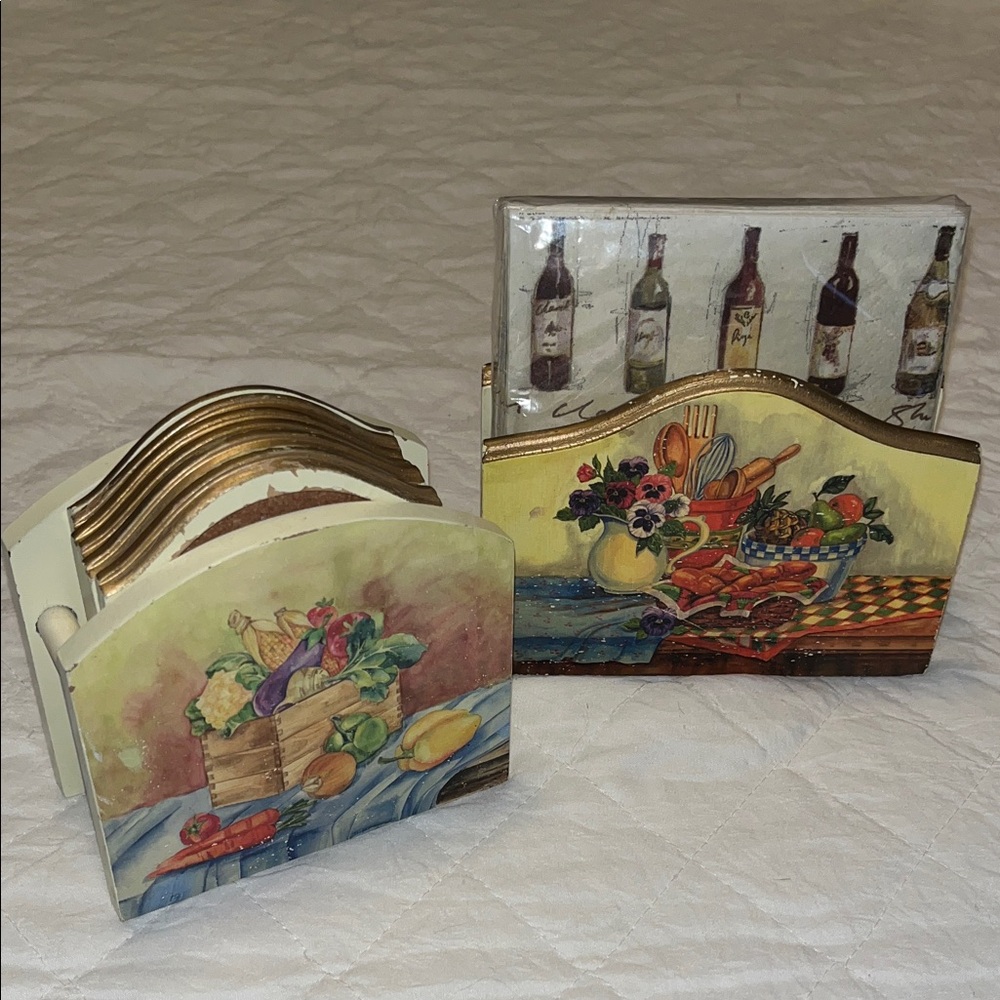Vintage Decorative Painting Wooden Napkin Holder And Coaster Holder Set